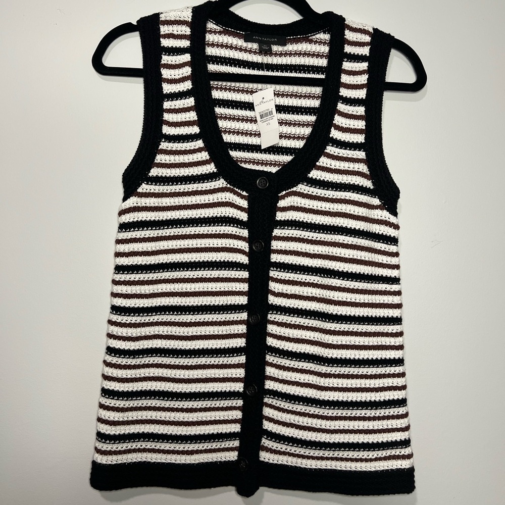 Ann Taylor Black, White & Brown Striped Button Down Tank Top Vest - 100% cotton